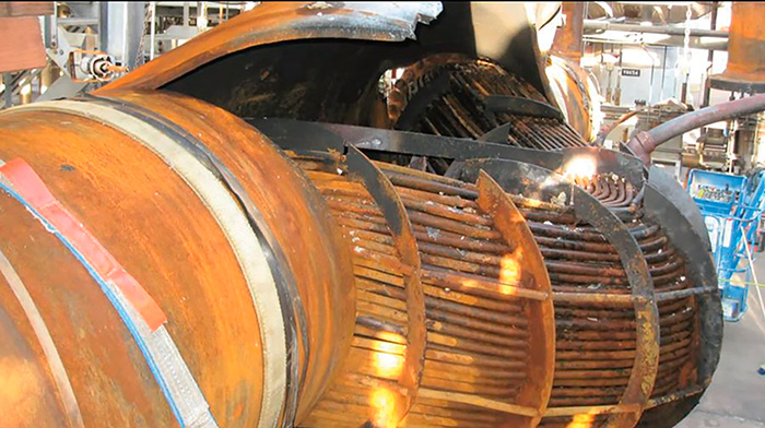 Ruptured heat exchanger (Courtesy of the U.S. Chemical Safety Board)